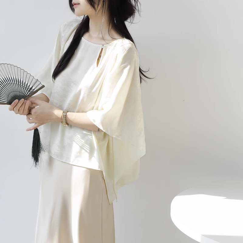 新中式国风提花上衣女夏季新款高级感宽松显瘦七分袖百搭圆领T恤