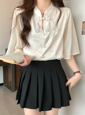 新中式立领盘扣白色衬衫女士夏季气质马面裙上衣搭配国风缎面衬衣