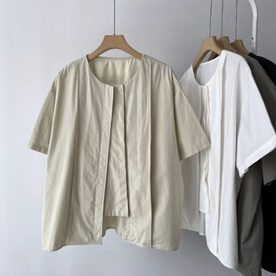 上衣别致小衫 复古圆领单排暗扣短袖 潮 女夏季 设计感不规则棉麻衬衫