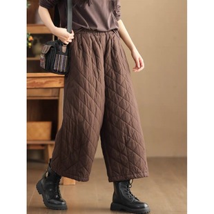 女秋冬加厚外穿宽松直筒休闲菱格夹棉保暖阔腿裤 时尚 轻薄羽绒棉裤