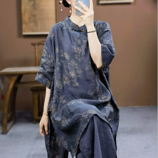 新中式立领盘扣苎麻衬衫女士夏季复古印花小衫棉麻禅意中长款上衣