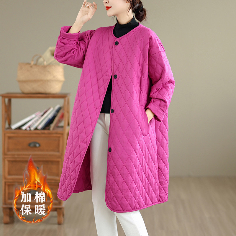 复古菱格绗缝圆领棉服2025秋冬大码女装轻薄保暖中长款风衣外套,女装/女士精品,棉衣/棉服,淘宝优惠券,粉丝福利购,淘宝优惠卷