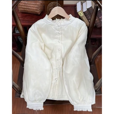 法式甜美木耳边衬衫短外套女秋冬日系减龄加厚轻薄棉衣百搭衬衣潮