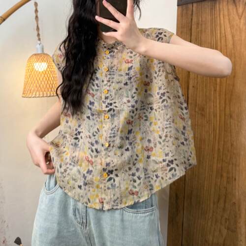 复古苎麻碎花无袖背心衬衫女士夏季薄款棉麻小衫宽松显瘦亚麻上衣