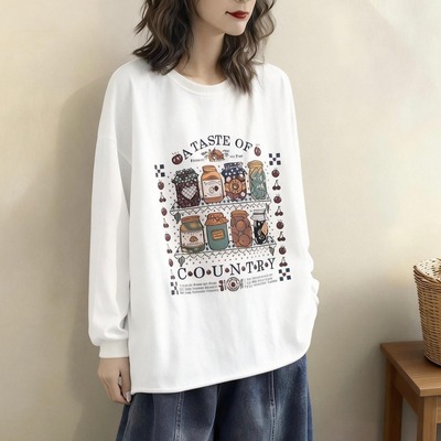 韩版休闲圆领印花棉质卫衣女秋冬时尚宽松内搭可外穿打底衫上衣潮