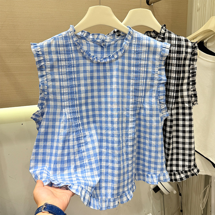 韩系木耳边格子无袖背心衬衫女夏减龄飞飞袖坎肩小衫显瘦百搭上衣