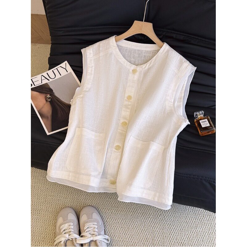 高级感黑色棉麻无袖坎肩马甲女夏季轻薄背心衬衫宽松开衫叠穿上衣