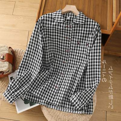 复古格子棉麻长袖衬衫女春季新款百搭娃娃领开衫衬衣减龄休闲上衣