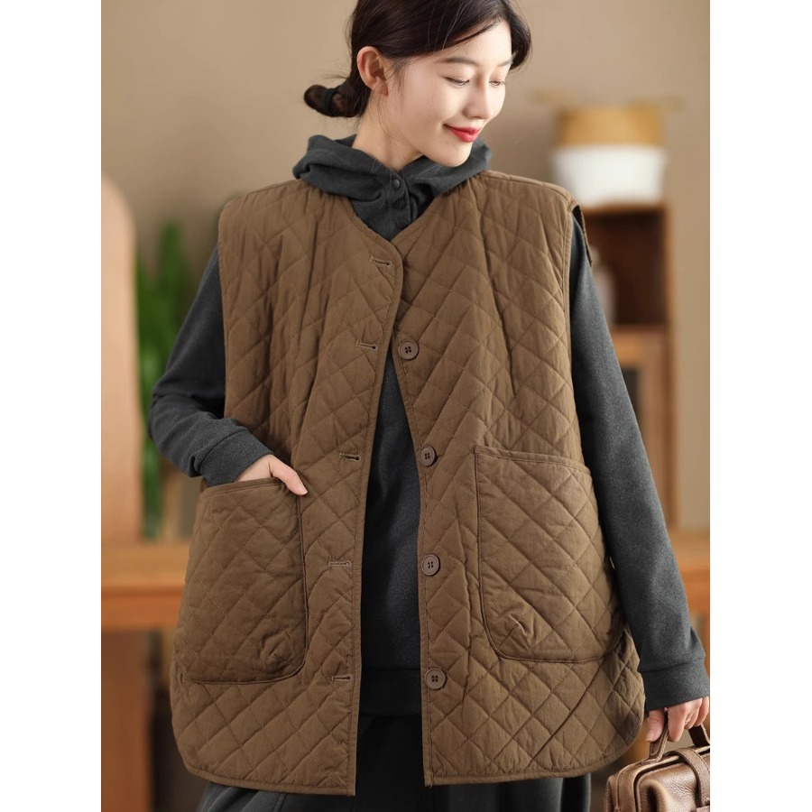 复古菱形格夹棉背心马甲小棉袄女秋冬百搭宽松坎肩棉服外套上衣潮