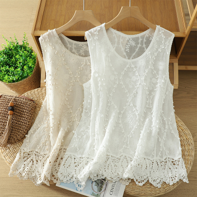 法式钩花镂空刺绣圆领背心女夏季设计感蕾丝拼接下摆宽松无袖上衣
