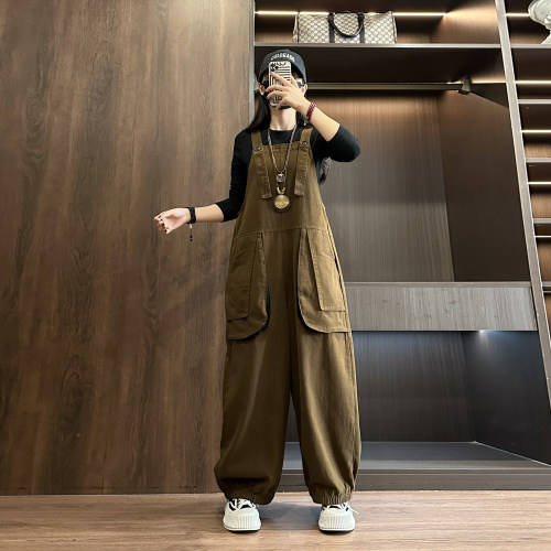 欧货复古大口袋工装背带裤女春秋新款宽松大码休闲洋气直筒吊带裤