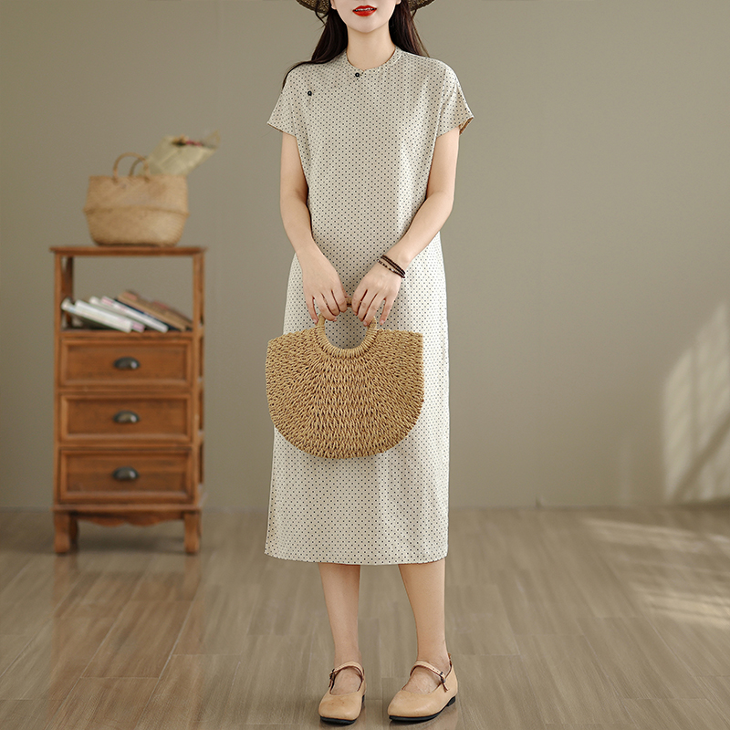 复古森系亚麻小波点印花连衣裙女夏季减龄气质年轻款改良旗袍长裙