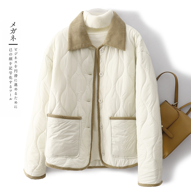 轻薄羽绒棉服女2025新款灯芯绒衬衫领冬季菱格外套夹棉保暖棉衣潮