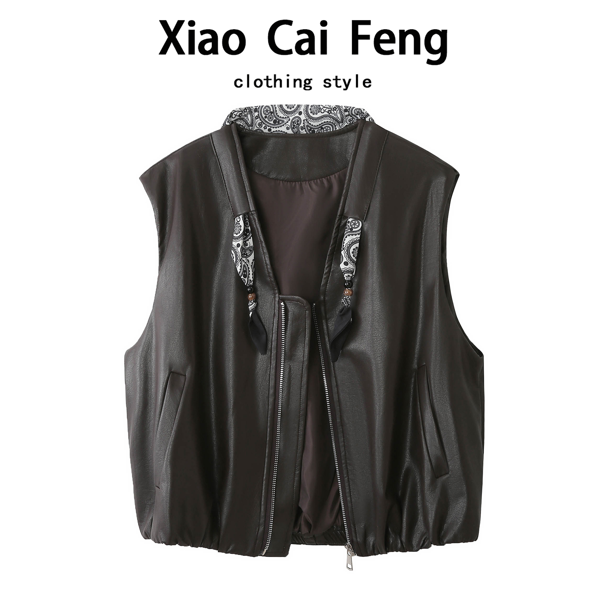 韩版丝巾v领马甲女2025超火皮衣外套小个子机车服夹克叠穿坎肩潮