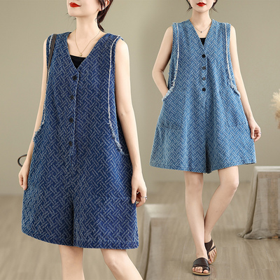 复古高级感V领无袖牛仔连体裤女夏季洋气大码胖mm显瘦阔腿连衣裤