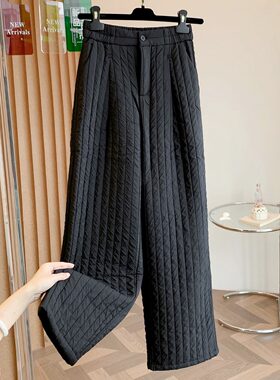 黑色绗线条纹羽绒棉裤女冬季外穿夹棉保暖直筒阔腿裤加厚防寒长裤