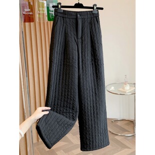 加厚防寒长裤 外穿夹棉保暖直筒阔腿裤 女冬季 黑色绗线条纹羽绒棉裤