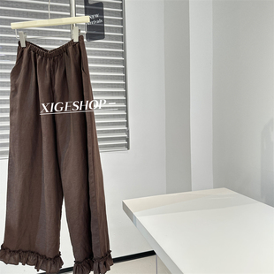 日系松弛感亚麻天丝花边裤女夏季薄款透气宽松木耳边九分直筒裤子
