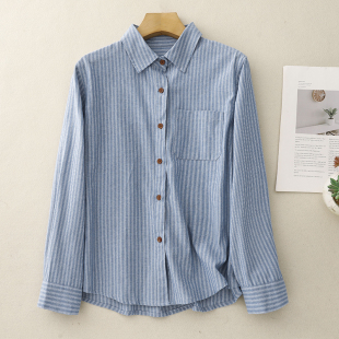 休闲叠穿内搭打底衬衣宽松通勤上衣 韩版 复古竖条纹棉麻衬衫 女春季