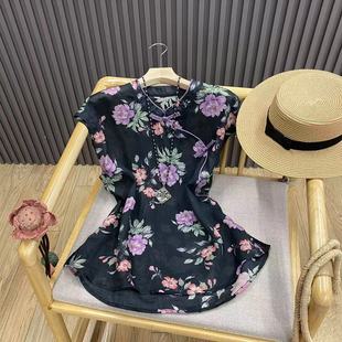 国风印花斜襟盘扣无袖 女夏季 新中式 苎麻衬衫 坎肩上衣 气质小衫 薄款