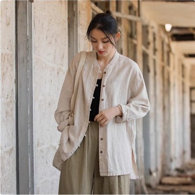 新中式盘扣棉麻衬衫外套女春季文艺禅意茶服气质中长款外搭上衣潮