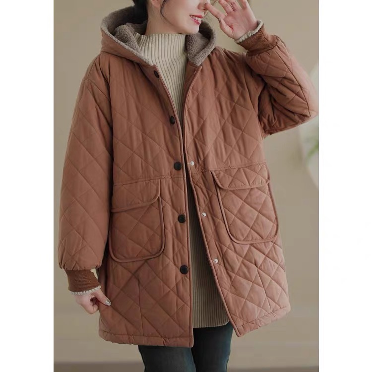 日系复古菱格羊羔绒连帽棉服女秋冬宽松加厚保暖棉衣中长款外套潮