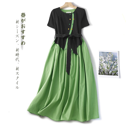 外贸出口原单棉麻连衣裙女夏季文艺范撞色拼接V领收腰系带长裙子