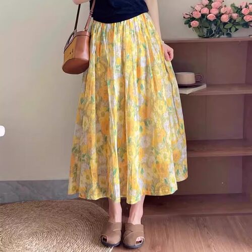 黄色碎花裙子半身裙夏季2024新款气质遮胯大摆长裙高腰a字裙女装