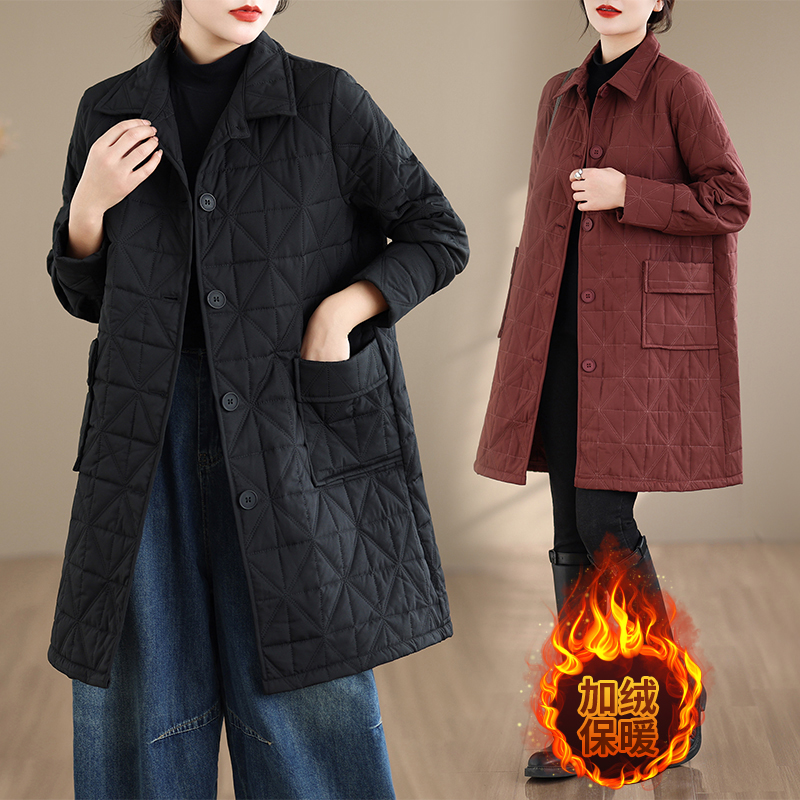 大码胖mm复古菱格轻薄保暖羽绒棉衣外套女冬装宽松遮肉中长款棉袄