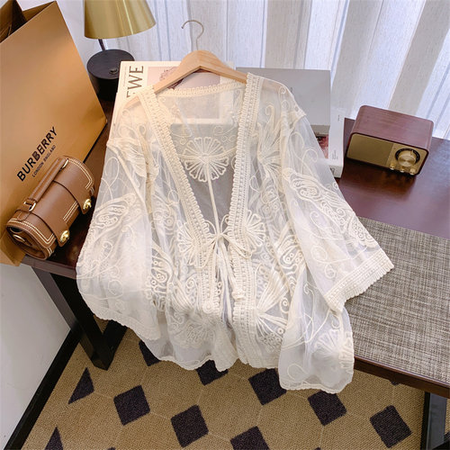 镂空防晒开衫外搭女夏配吊带连衣裙长袖披肩小坎肩蕾丝空调罩衫薄