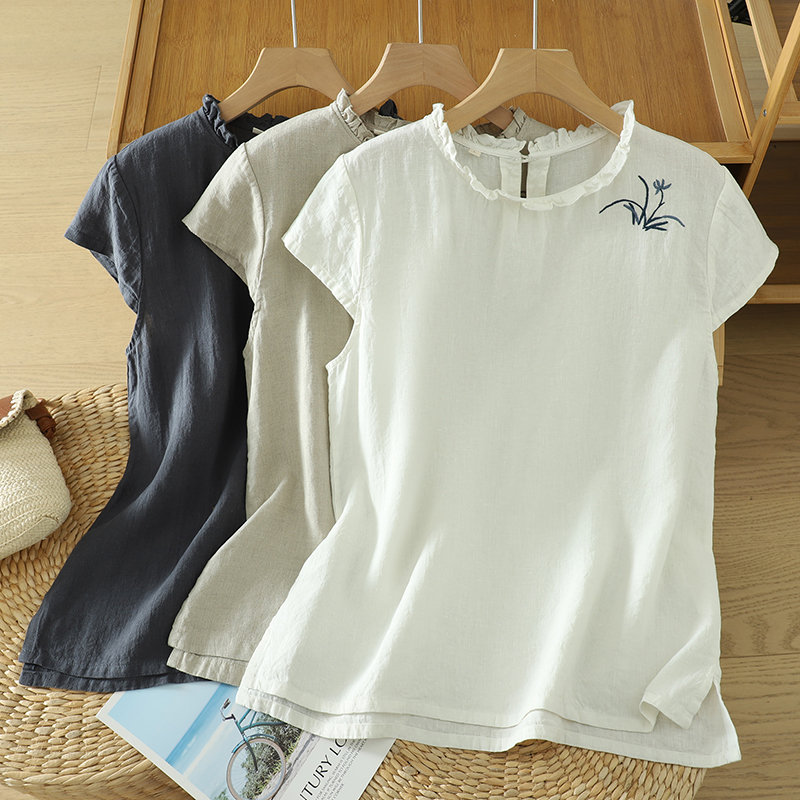 复古刺绣木耳花边短袖t恤女士夏季新款大码新中式小衫气质上衣薄
