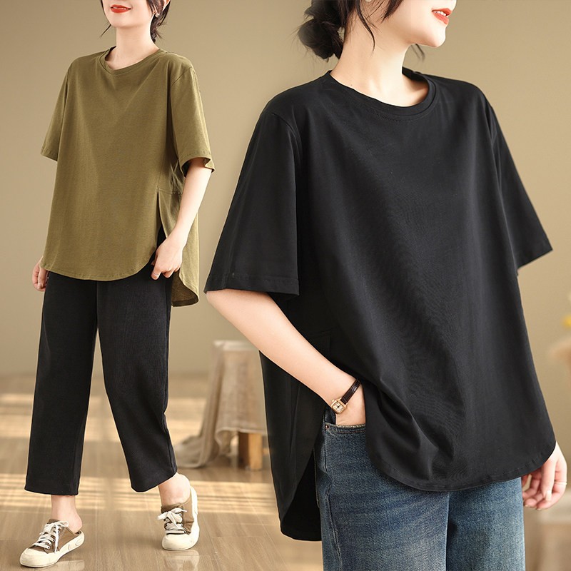 大码微胖mm夏季全棉短袖T恤简约文艺前短后长休闲宽松遮肉上衣女