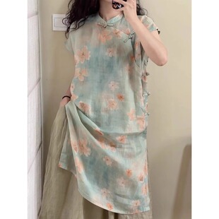 复古苎麻印花连衣裙女中国风改良旗袍夏季气质中长款开叉a字裙子