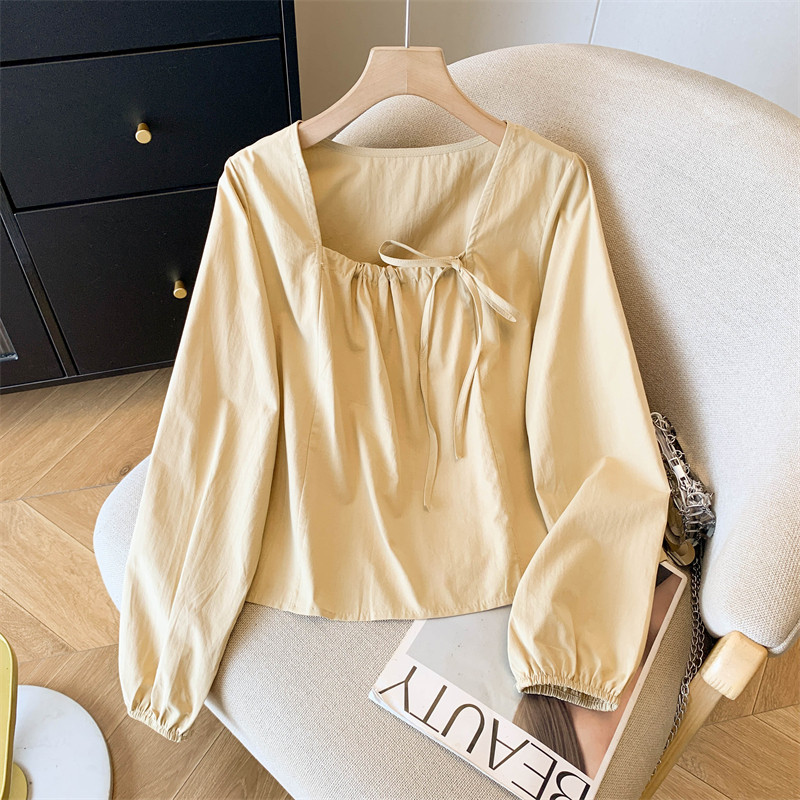 淑女风卡其色蝴蝶结系带方领衬衫女春季新款宽松百搭长袖短款上衣