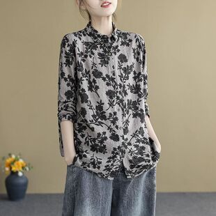 捡漏~专柜出口尾单外贸复古碎花棉麻长袖衬衫女百搭衬衣