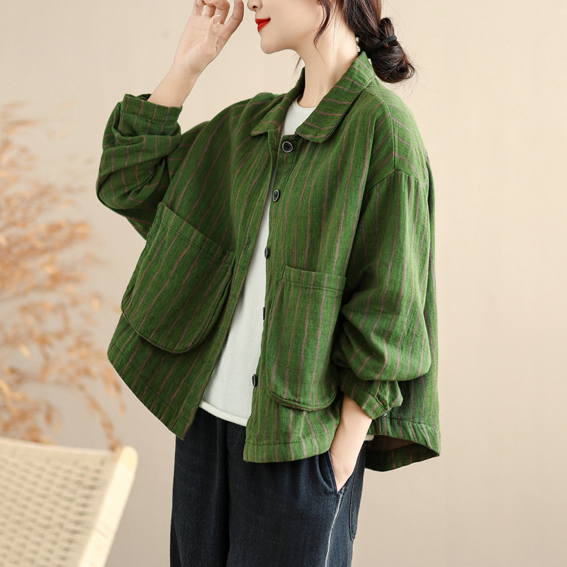 文艺竖条纹棉麻短外套女春秋大码宽松休闲大口袋开衫翻领夹克上衣