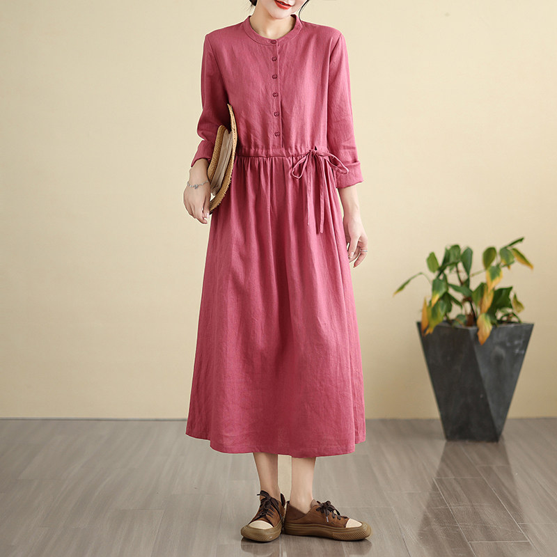 棉麻连衣裙女秋季日系收腰系带亚麻衬衫裙大码胖mm遮肉a字长裙潮