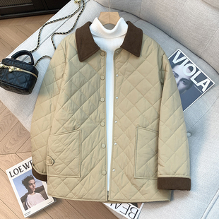 韩系菱格拼色条绒翻领棉服外套女冬季款宽松百搭轻薄夹棉保暖棉衣