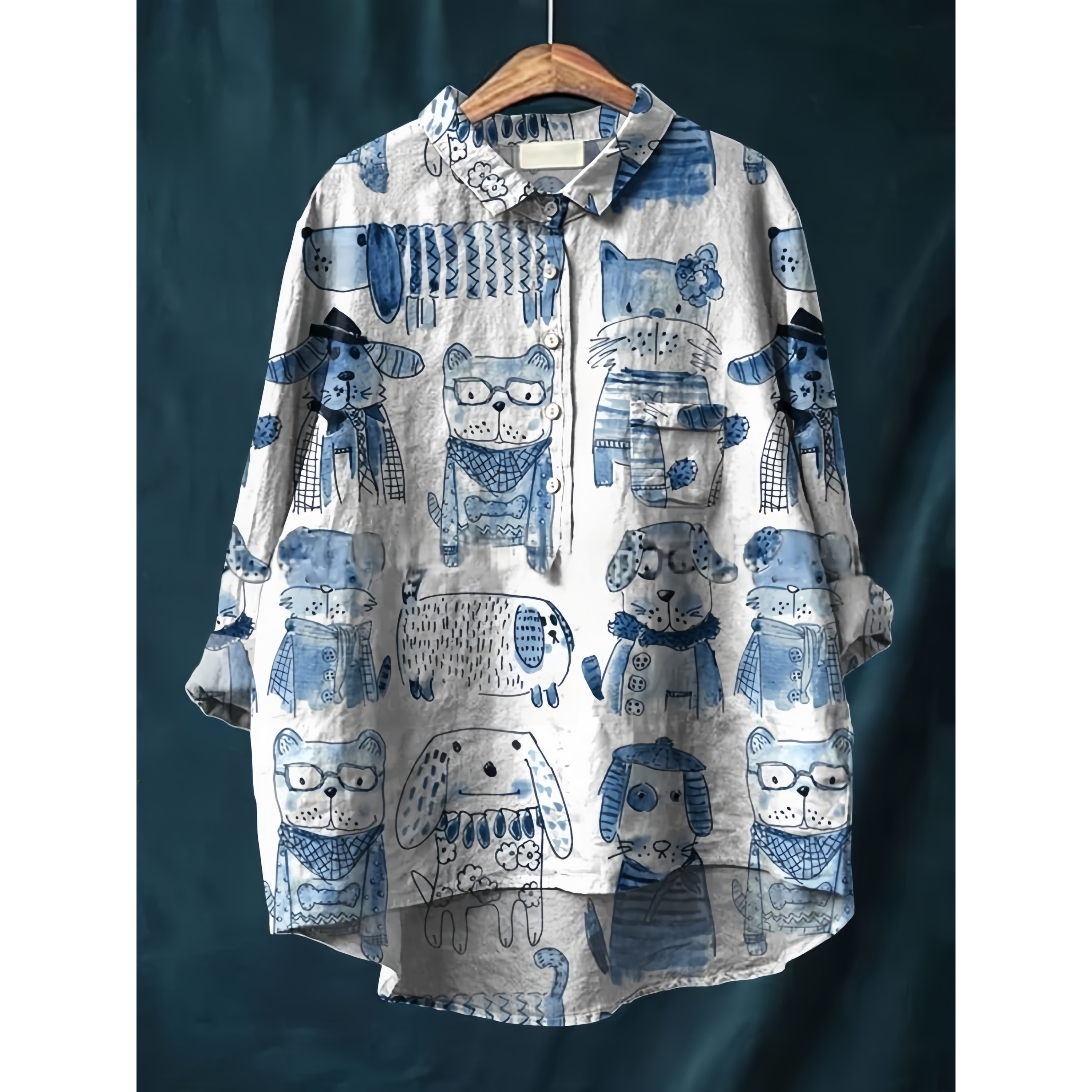 复古卡通涂鸦印花衬衫女春秋宽松日系休闲衬衣上衣减龄不规则小衫