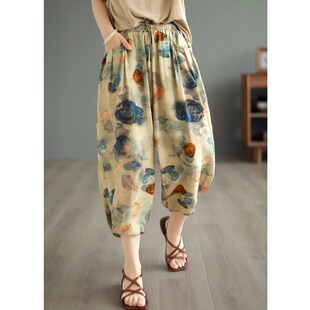 七分哈伦裤 外贸出口日单清仓复古印花冰丝麻灯笼裤 薄款 大码 女夏季