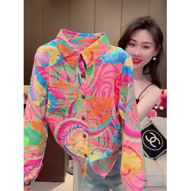 欧货大码长袖彩色印花衬衫女春秋新款高级感翻领衬衣洋气别致上衣