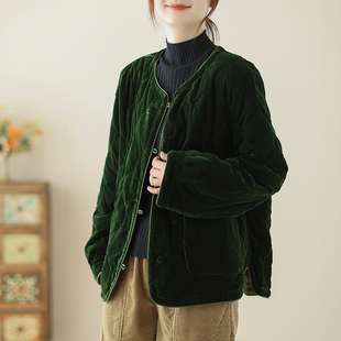 复古墨绿色丝绒质感外套女秋冬新款 休闲宽松夹棉保暖百搭棉衣棉服