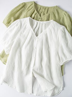 文艺小清新鸡心领短袖衬衫女夏季自然透气凉爽小衫宽松减龄上衣潮