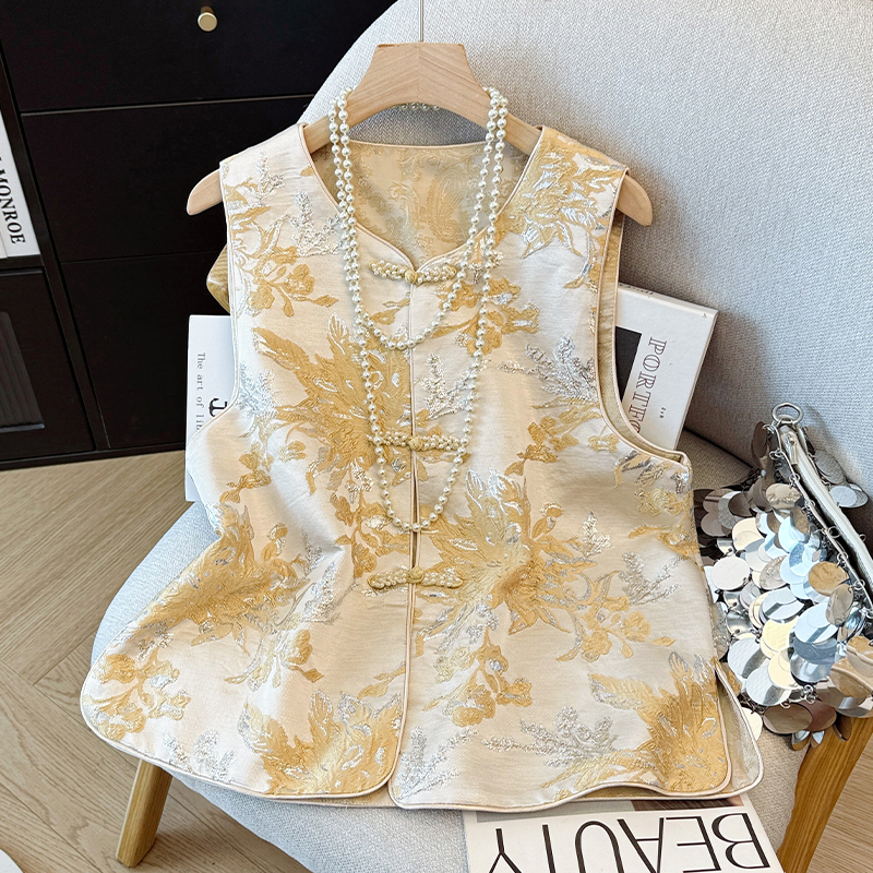 新中式国风对襟盘扣提花马甲外套女春秋高级感气质改良唐装上衣潮