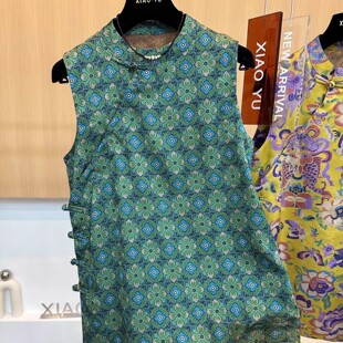 改良旗袍裙子 轻薄复古印花背心裙无袖 新中式 国风盘扣连衣裙女夏季