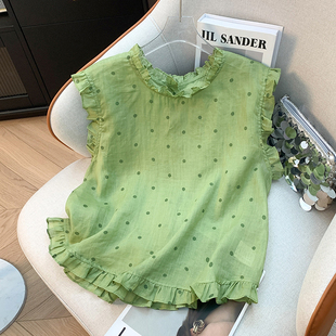 森系清新波点印花木耳边圆领衬衫女夏新款文艺减龄显瘦飞飞袖上衣