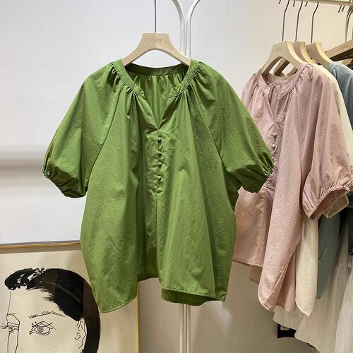 韩系减龄V领亚麻衬衫女夏季宽松慵懒风休闲小众短袖娃娃衫上衣潮