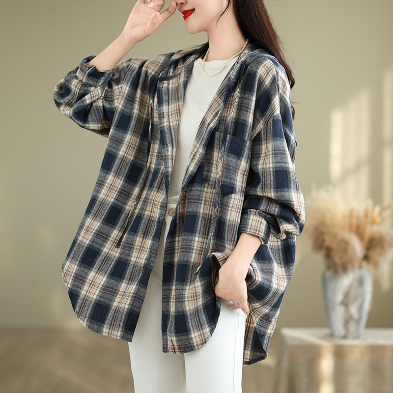 复古港味连帽格子衬衫外套女春秋新款宽松百搭慵懒风衣中长款上衣