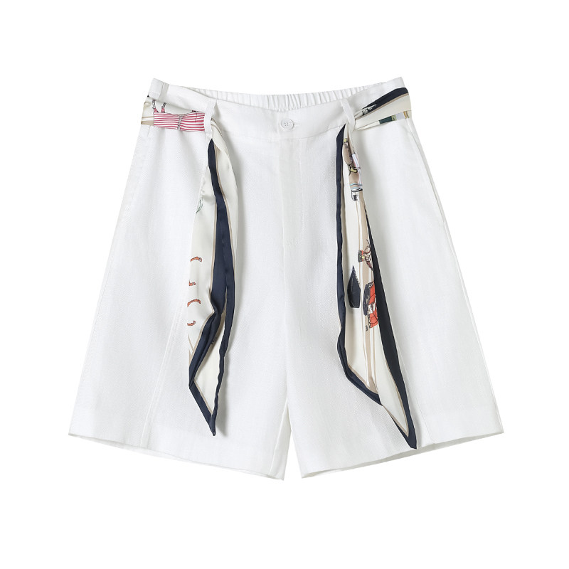 天丝亚麻五分阔腿裤女2026夏季通勤冰丝凉感垂坠轻薄印花腰带短裤