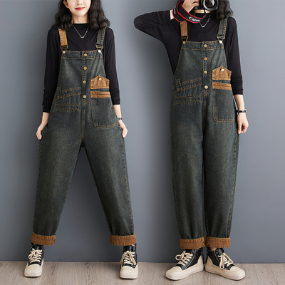 美式复古工装牛仔背带裤女秋装胖mm个性撞色拼接连体裤减龄哈伦裤